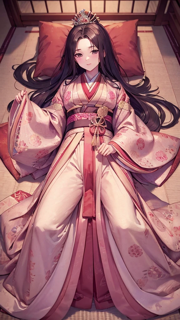 　A beautiful -yeld Jaese princess from the Sengoku period with long black hair　Gorgeous embroidery, Ultra glossy, She is wearing a shiny Edo-period princess kimono.　She lies on her back and touches her pussy