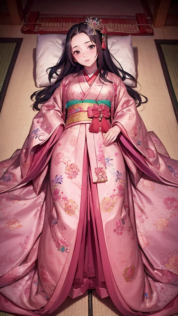 　A beautiful -yeld Jaese princess from the Sengoku period with long black hair　Gorgeous embroidery, Ultra glossy, She is wearing a shiny Edo-period princess kimono.　She lies on her back and touches her pussy