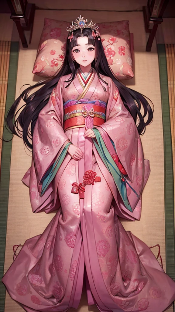 　A beautiful -yeld Jaese princess from the Sengoku period with long black hair　Gorgeous embroidery, Ultra glossy, She is wearing a shiny Edo-period princess kimono.　She lies on her back and touches her pussy