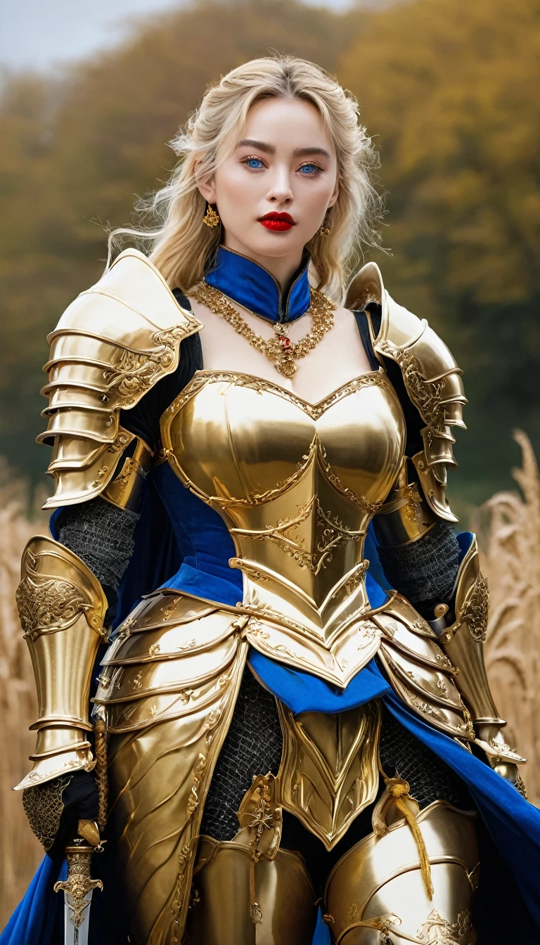 masterpiece,Highest quality,wonderful,(Female Knight_Female Knight:1),(Full body golden armor:1.3), (35歳のFemale Knight:1.3),、Big and ample breasts, Big Breasts,Big Breasts,belly button,Hyper Real,中世ヨーロッパの都市のbattlefieldにいる,Expressionless,、British women、Delicate skin texture to the smallest detail 、(Detailed blue eyes)、(Chubby body type))、(Very large)、Middle-aged women、(ふわふわblondeの長い髪)、Wheat tanned skin、(blonde)、Very large、European Female Knight、Big Breastsの谷間、豪華に装飾されたFull body golden armor、Medieval witch、High Leg、Golden long boots with flashy decorations、Deep neckline、Pure gold and jewellery necklaces and collars、Big gold earrings、Bright red lips、豪華なFull body golden armorを着て、Gold Long Gloves、She has a big long sword、The sword is ornately decorated..........................、The blade is pitch black、(Female Knight)、(battlefield)、