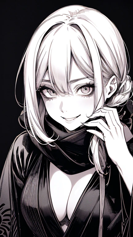 Highest quality, (Background details), High Contrast, Very beautiful woman, Detailed original illustrations, functional, Delicate face, Ninja, Ninja costume, scarf, mask, whole body、Charm, Bad boy, sexy, Real breasts, Crazy Smile, Crazy Eyes, Black Robe, Black background, (Black background: 1. 5), Beautiful line art, Monochrome