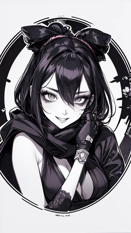 Highest quality, (Background details), High Contrast, Very beautiful woman, Detailed original illustrations, functional, Delicate face, Ninja, Ninja costume, scarf, mask, whole body、Charm, Bad boy, sexy, Real breasts, Crazy Smile, Crazy Eyes, Black Robe, Black background, (Black background: 1. 5), Beautiful line art, Monochrome