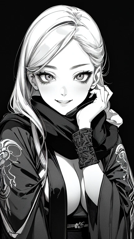 Highest quality, (Background details), High Contrast, Very beautiful woman, Detailed original illustrations, functional, Delicate face, Ninja, Ninja costume, scarf, mask, whole body、Charm, Bad boy, sexy, Real breasts, Crazy Smile, Crazy Eyes, Black Robe, Black background, (Black background: 1. 5), Beautiful line art, Monochrome