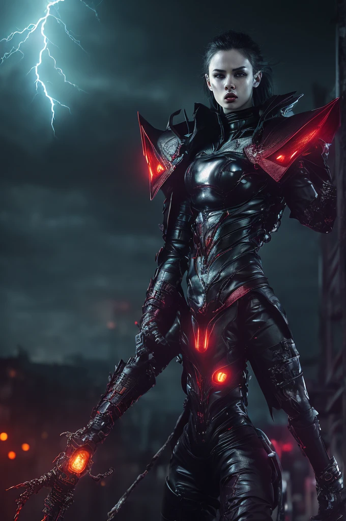 powerfull (demonic creature:1.2), red tech googles, demon mask, androgynous male, strong pose, tech heavy armor, Raiden, metal gear style, lightning effects, thunder effects, dark sky raining, god of thunder, dark hair, infernal city background, tall structures, infernal towers background, dark red colors, apocalyptical, far distance, full body, perfect detailed face, detailed symmetric circular iris, realistic, stunning realistic photograph, 3d render, octane render, intricately detailed, cinematic, Isometric, dark fantasy theme, mystical, Dark theme, underworld theme, deviant art masterpiece, white skin, crimson eyes, dark tattoos, colour grading, dark illustration, extreme quality, extremely detailed, ultra-detailed face, ultra hd 8k, dark lightning, concept art, hyperdetailed, intricately detailed gothic art, triadic colours, fantastical, intricate detail, splash screen, complementary colours, fantasy concept art, 8k resolution, soft lighting, film photography, film grain, hyperrealist