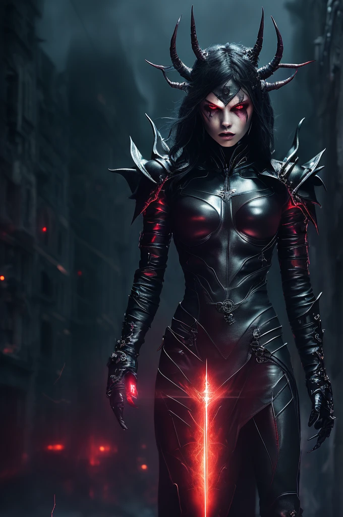 powerfull (demonic creature:1.2), red tech googles, demon mask, androgynous male, strong pose, tech heavy armor, Raiden, metal gear style, lightning effects, thunder effects, dark sky raining, god of thunder, dark hair, infernal city background, tall structures, infernal towers background, dark red colors, apocalyptical, far distance, full body, perfect detailed face, detailed symmetric circular iris, realistic, stunning realistic photograph, 3d render, octane render, intricately detailed, cinematic, Isometric, dark fantasy theme, mystical, Dark theme, underworld theme, deviant art masterpiece, white skin, crimson eyes, dark tattoos, colour grading, dark illustration, extreme quality, extremely detailed, ultra-detailed face, ultra hd 8k, dark lightning, concept art, hyperdetailed, intricately detailed gothic art, triadic colours, fantastical, intricate detail, splash screen, complementary colours, fantasy concept art, 8k resolution, soft lighting, film photography, film grain, hyperrealist