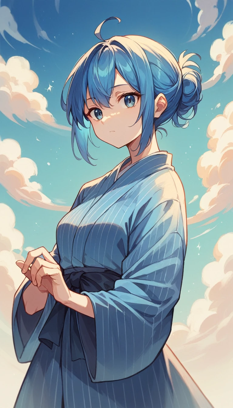 (masterpiece:1.2),blue sky、A big jump into the sky、Blue Hair Girl、Shortcuts,cute、Expressionless,Dynamic pose,She is wearing a light blue and blue based yukata.,