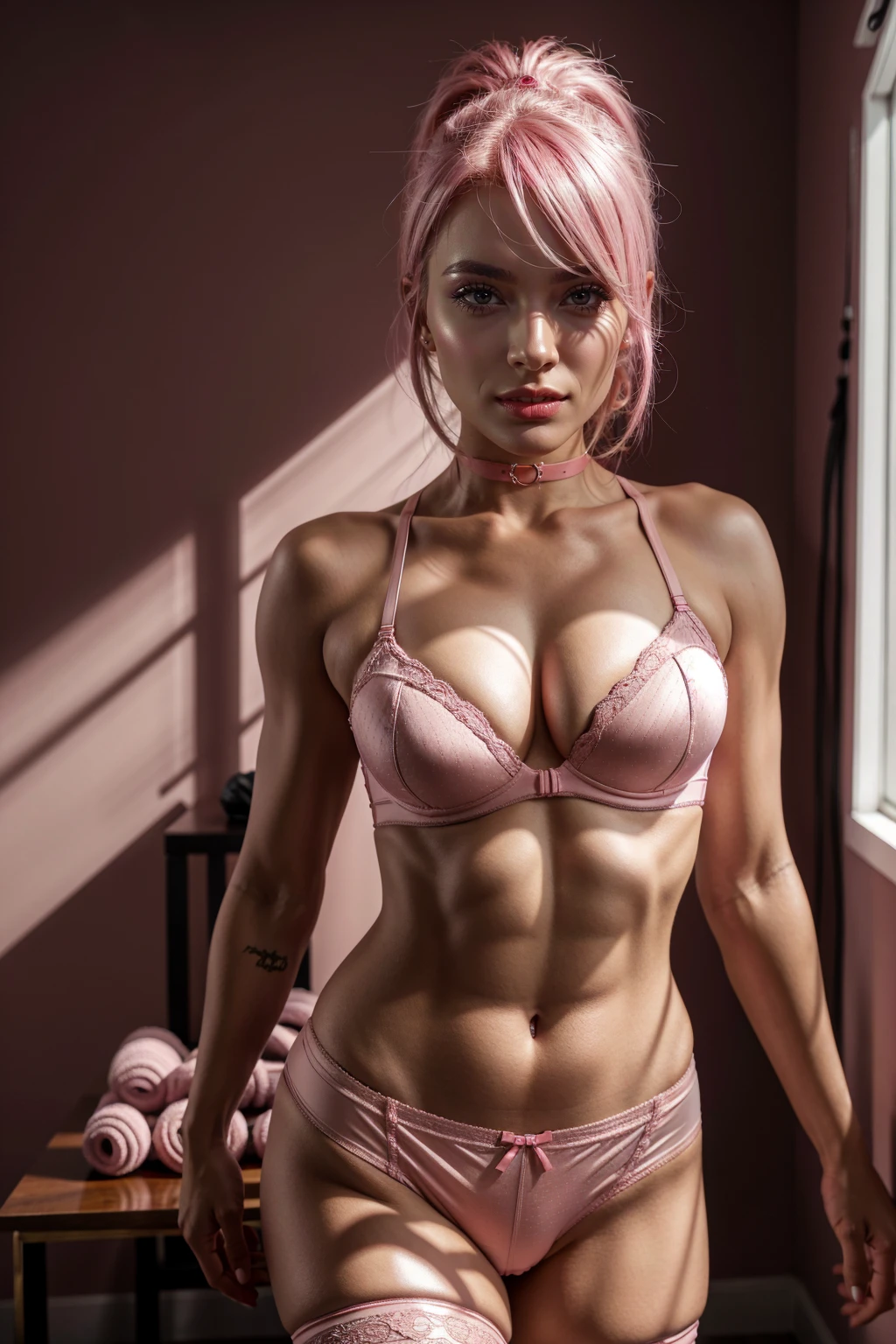 Girl, star eye, blush, perfect illumination, Pink hair, red eye, side light, detailed face, Pony, light skin, sexy underwear with stockings, backdrop, dark backdrop, eye-catching dog collar, Fitnessmodel, sinny body, small breasts,