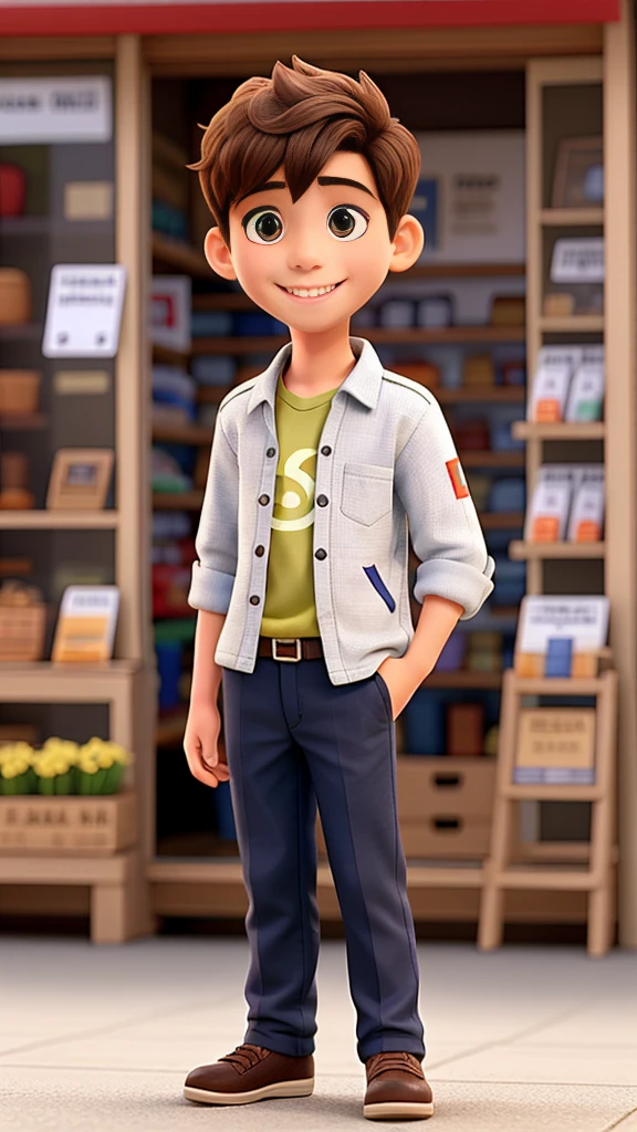 Close-up ,A 15 Years boy, wearing clothes, smiling good figure,he is standing outside for shop,
