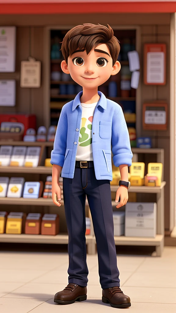  Close-up ,A 15 Years boy, wearing clothes, smiling good figure,he is standing outside for shop,