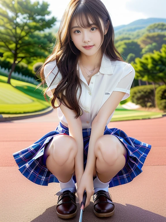 Photo-realistic quality、A woman in a white blouse is holding a golf club, Japanese girls uniform, Cute school girl, Realistic young gravure idol, Young and cute gravure idol, High school girl posing, Surreal , Young and skinny gravure idol,Girl wearing short-sleeved blouse, Japanese Model