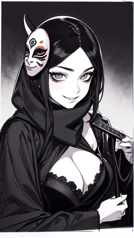Highest quality, (Background details), High Contrast, Very beautiful woman, Detailed original illustrations, functional, Delicate face, Ninja, Ninja costume, scarf, mask, whole body、Charm, Bad boy, sexy, Real breasts, Crazy Smile, Crazy Eyes, Black Robe, Black background, (Black background: 1. 5), Beautiful line art, Monochrome