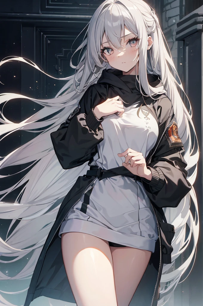 1girl, {Solitary}, Upper Body ,{{ {Watching at viewer}}}, Arms at your sides, Concept Art, white Background, simple Background, White hair, Silver gradient hair , Composite cloth, Asymmetrical clothes, Virtual YouTuber, best quality, masterpiece, Dynamic Angle, guilty gear, guilty gear, guilty gear, cowboy_shooting, Watching_Back, grab, girl,Miss,woman, young,20 years old, Very long hair, Hair Flip, Silver Hair, Flowing hair, Ahog, giggle, Beautiful and delicate golden eyes, teeth, Moderate_breast, Blonde eyes, White skin, hoodie, Black_shorts, Gray clothes, transparent_Background, Backlighting, absurd, high resolution, Extremely detailed,sweater,No pants