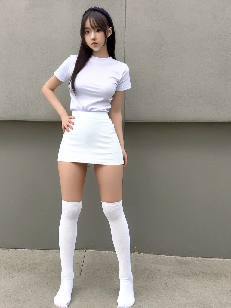 A woman wearing white knee-high socks、White T-shirt、White mini skirt、Japanese、Standing posture、The whole body is in it、Highest quality、Looking this way、18-year-old