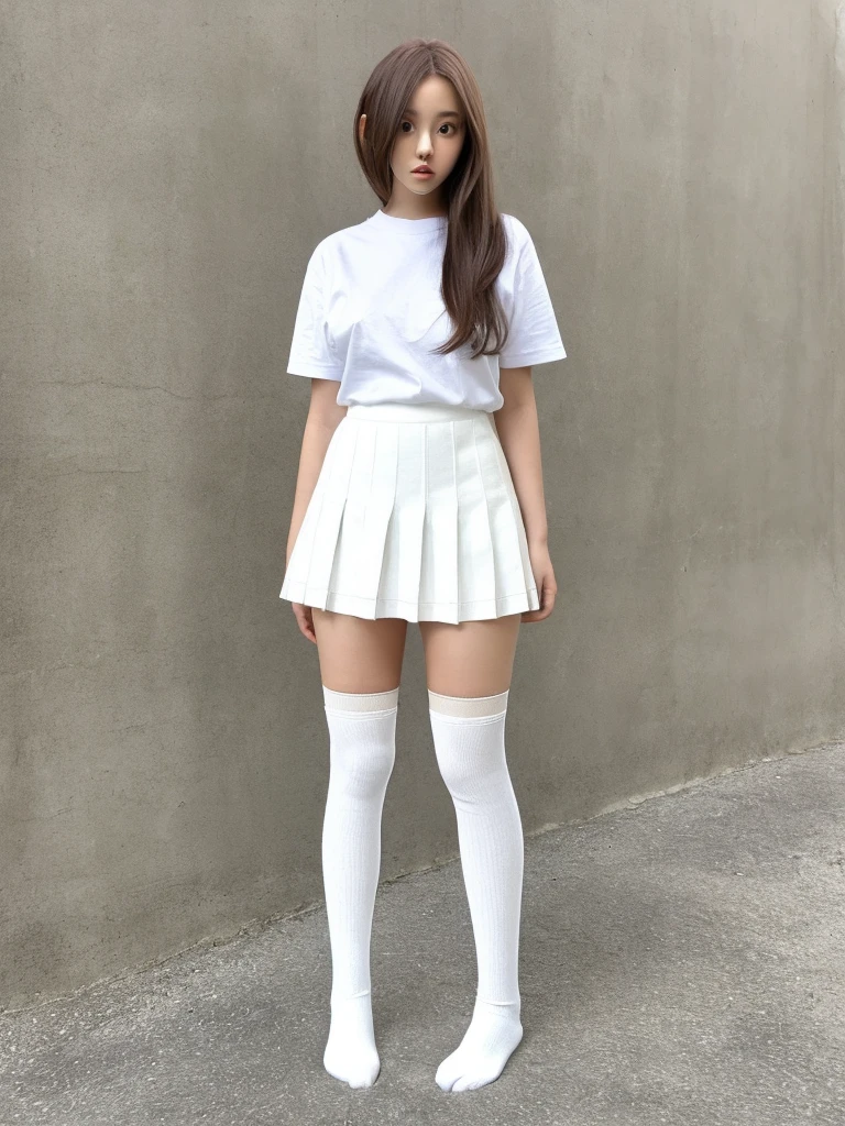 A woman wearing white knee-high socks、White T-shirt、White mini skirt、Japanese、Standing posture、The whole body is in it、Highest quality、Looking this way、18-year-old
