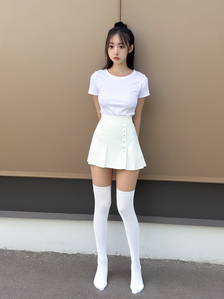 A woman wearing white knee-high socks、White T-shirt、White mini skirt、Japanese、Standing posture、The whole body is in it、Highest quality、Looking this way、18-year-old