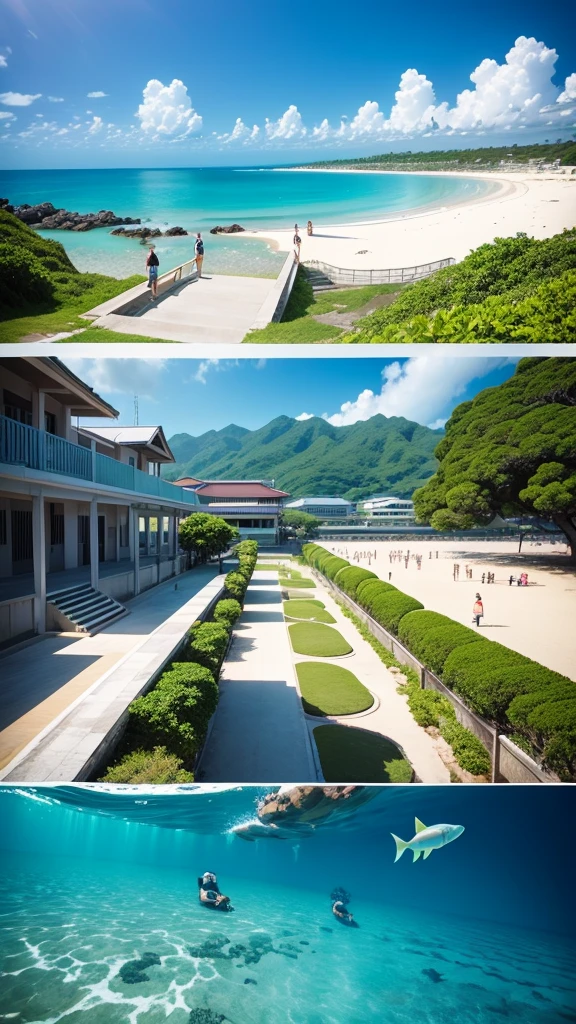 Beautiful schools of fish and people swimming in the beautiful ocean of Okinawa