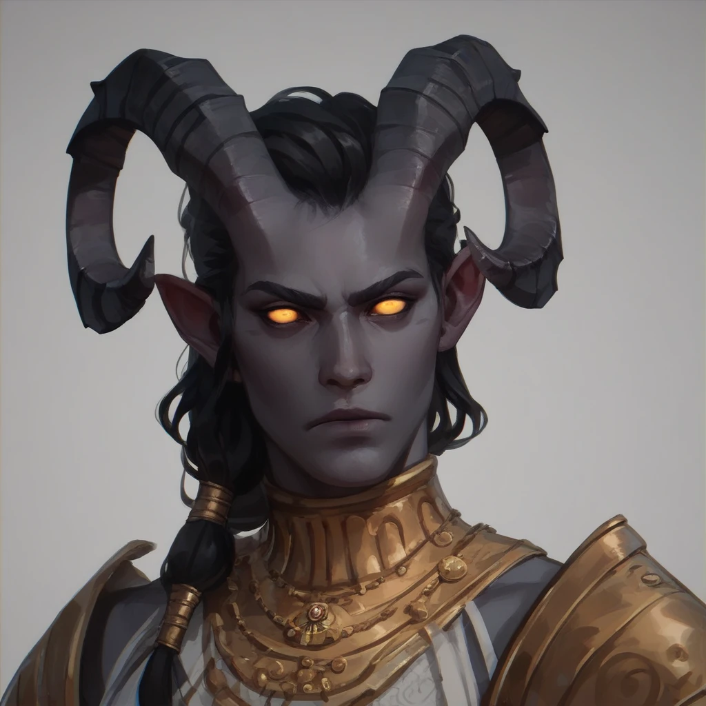 (((Beautiful, high quality, a lot of details))), portrait, check_9, check_8_up, check_7_up, tiefling, pointed ears, horns like a goat, colored sclera, 1 boy, dark gray skin, black hair, golden eyes eyes, frowning look, serious face, modern clothes,