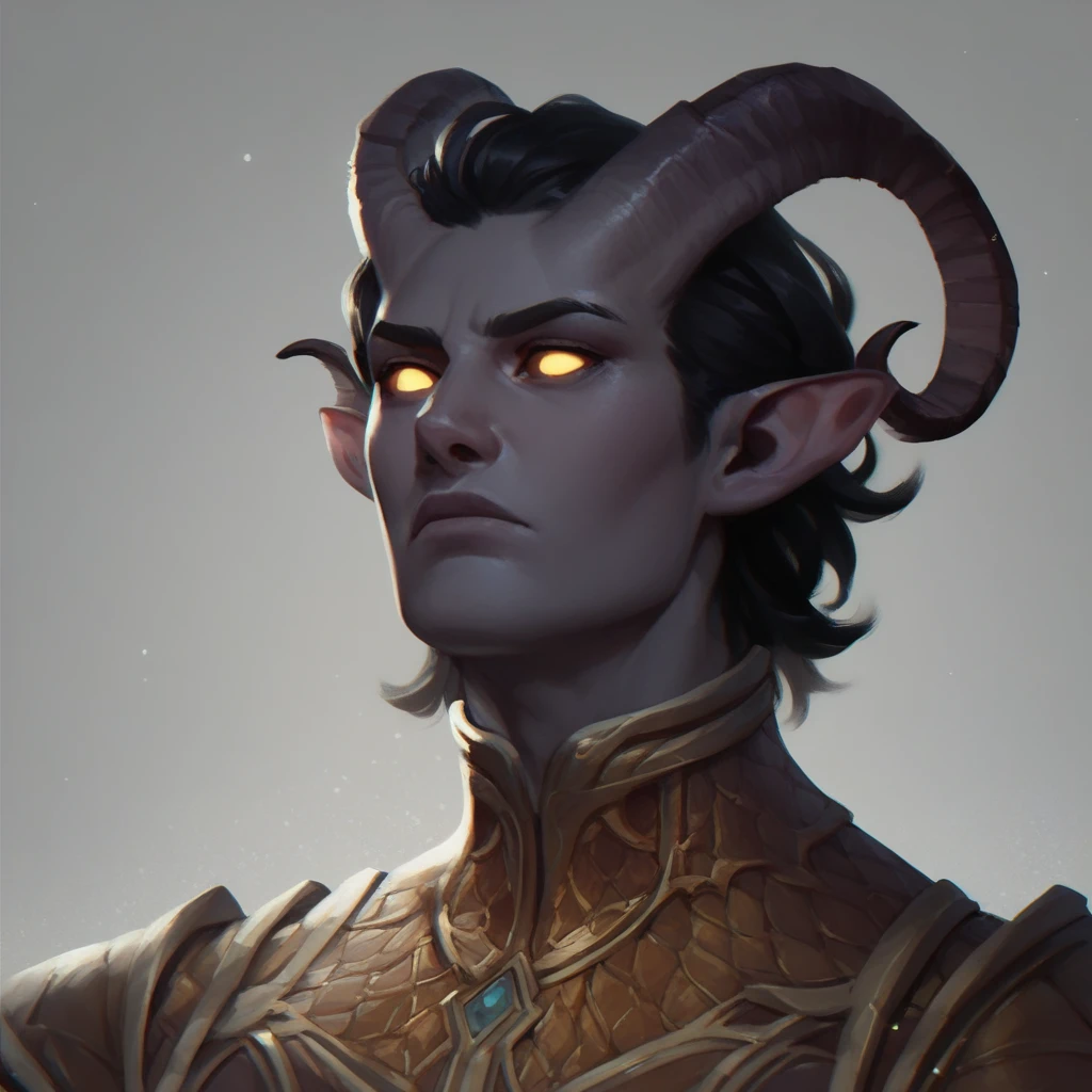 (((Beautiful, high quality, a lot of details))), portrait, check_9, check_8_up, check_7_up, tiefling, pointed ears, horns like a goat, colored sclera, 1 boy, dark gray skin, black hair, golden eyes eyes, frowning look, serious face, modern clothes,