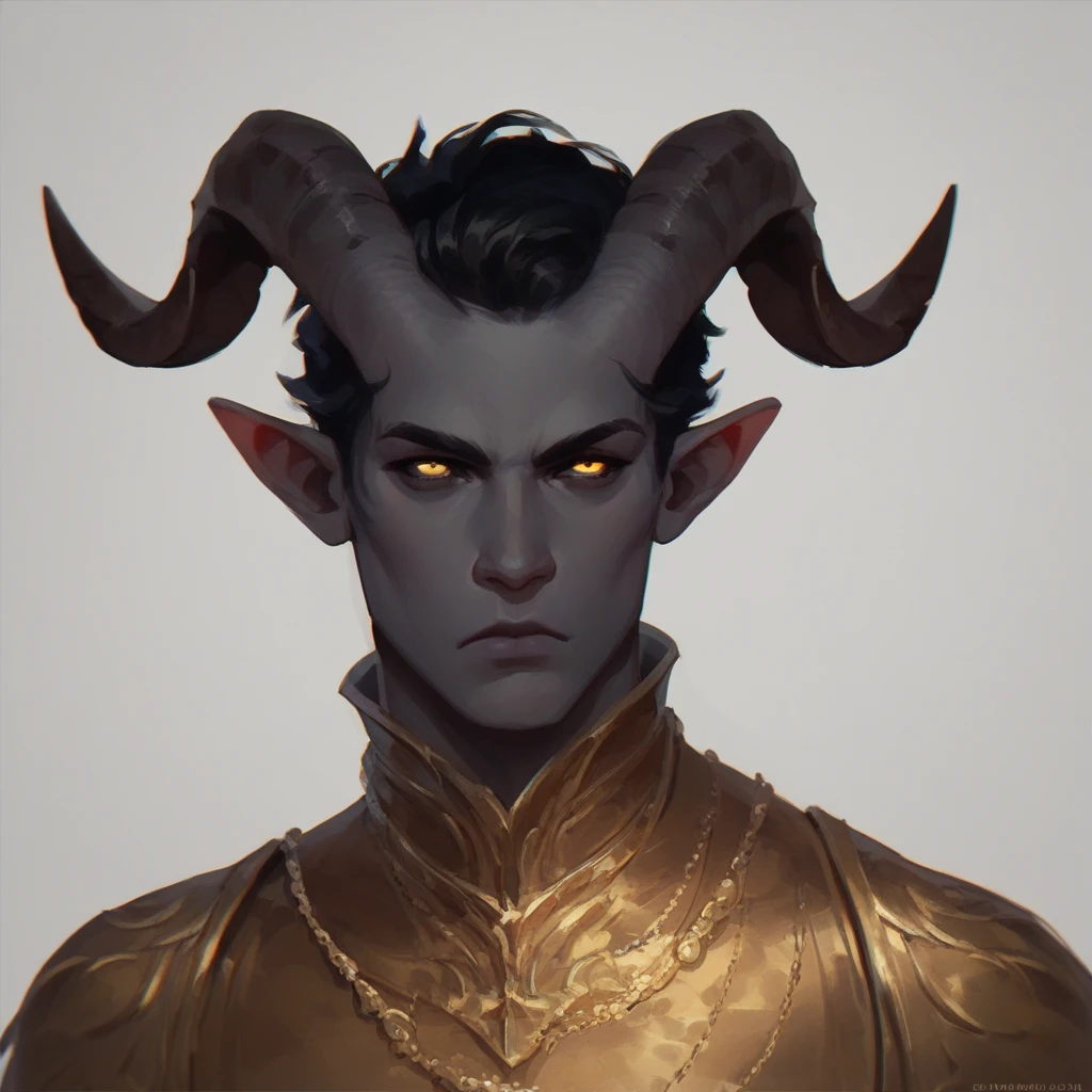 (((Beautiful, high quality, a lot of details))), portrait, check_9, check_8_up, check_7_up, tiefling, pointed ears, horns like a goat, colored sclera, 1 boy, dark gray skin, black hair, golden eyes eyes, frowning look, serious face, modern clothes,