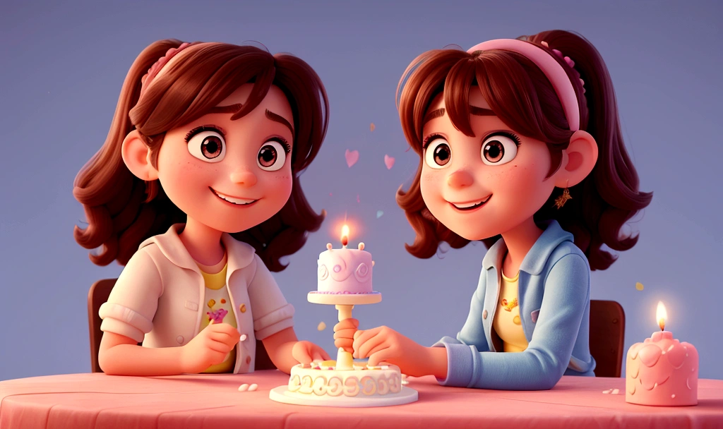 a teenager charming girl, happy face, blowing out a candle on a birthday cake , in a disney Pixar style