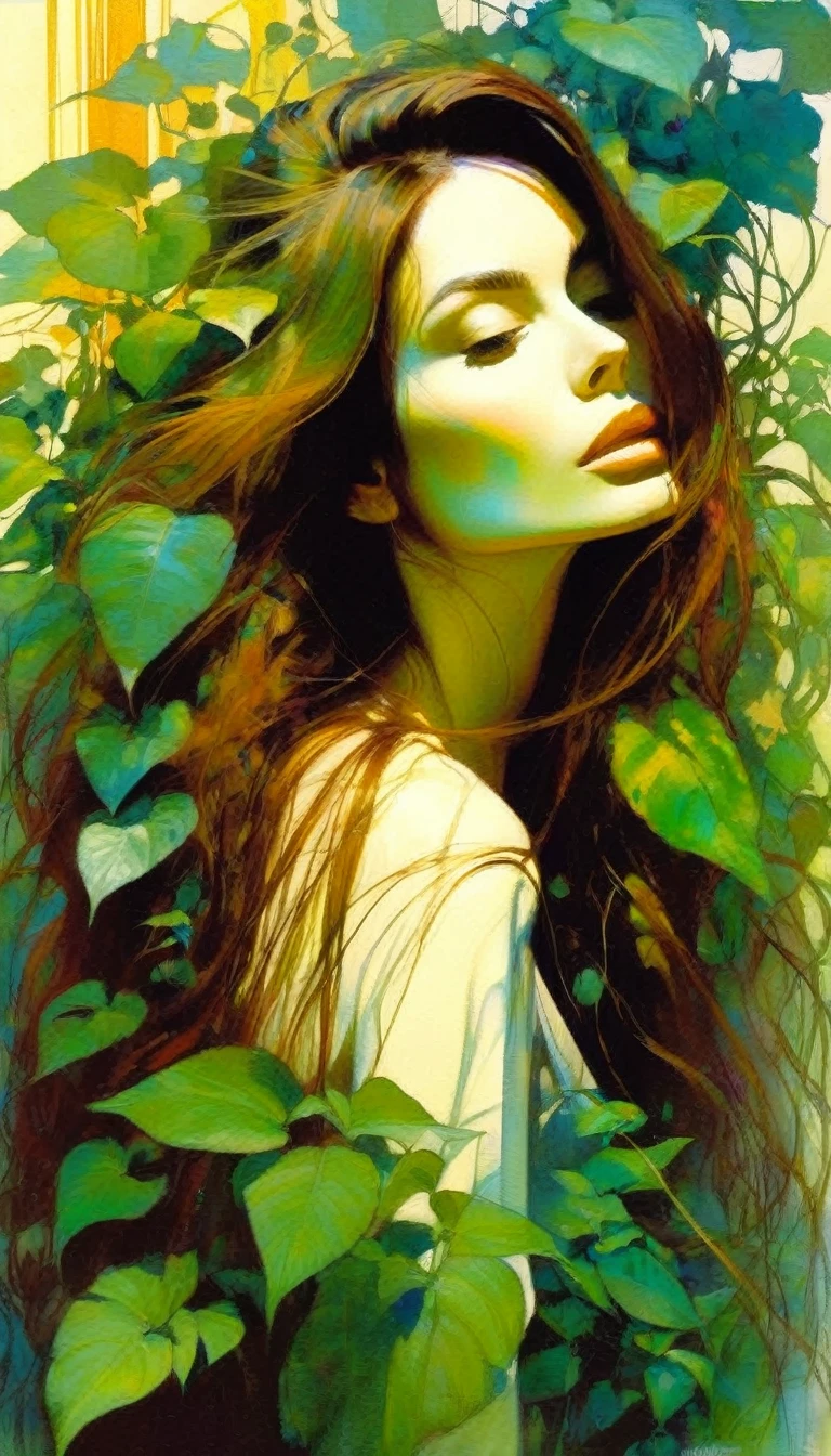 woman with long brown hair, completely covered in plants, fused with plants (art inspired in Bill Sienkiewicz). oil painting)