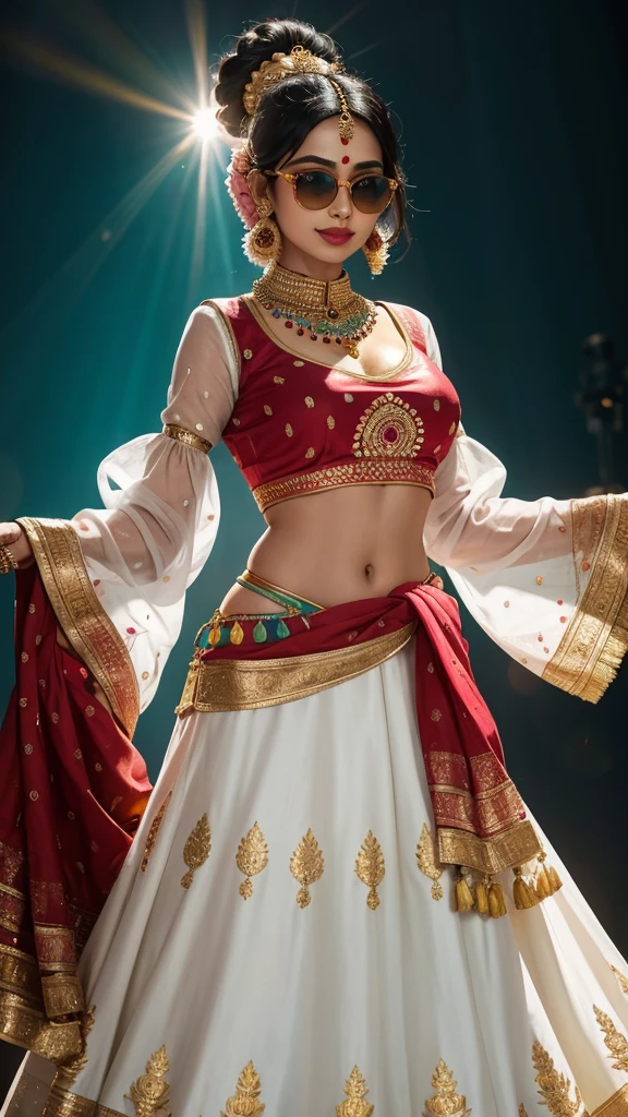 In this high quality illustration, a quirky Indian woman is depicted, radiantly adorned in traditional attire. With a vibrant white lehenga that elegantly swirls around her, and an olive green embroidered blouse that adds a splash of color, her outfit reflects the richness and diversity of Indian culture. The intricate embroidery on her blouse catches the light as it is backlit, enhancing the depth She wears sunglasses with a playful expression, adding a touch of quirkiness to her otherwise elegant appearance. The plain background allows the vibrant colors and intricate details of her outfit to take center stage