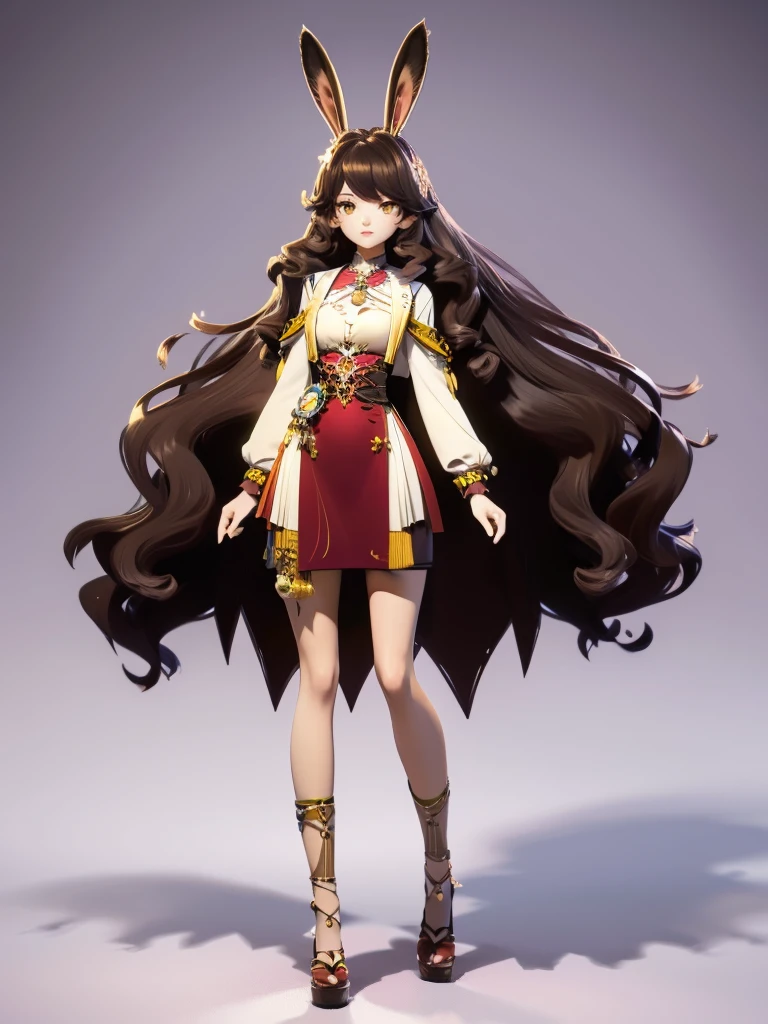 hair divided on half, Seizo Watase style, Simple Line Initialism，Abstract art, 3d character,  ,(((The most beautiful girl of all time))),  (full body 1.2), only girl, long hair, , full body, (((8k))), (((3d)), dark brown hair, mane of white rabbit ears, 