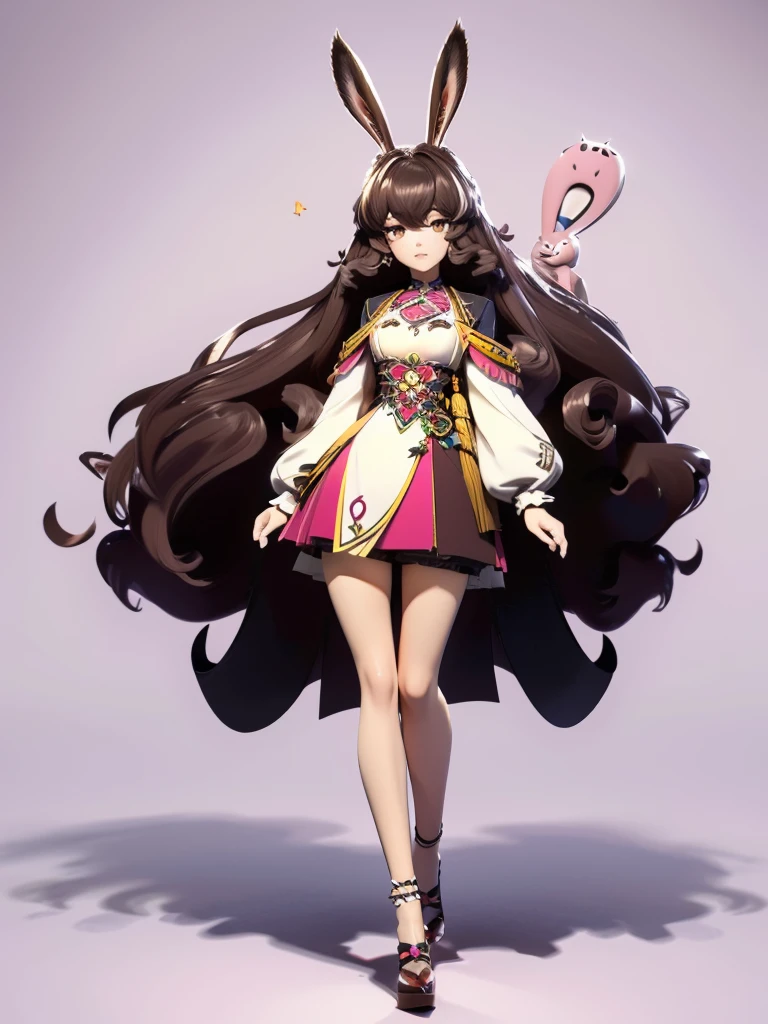 hair divided on half, Seizo Watase style, Simple Line Initialism，Abstract art, 3d character,  ,(((The most beautiful girl of all time))),  (full body 1.2), only girl, long hair, , full body, (((8k))), (((3d)), dark brown hair, mane of white rabbit ears, 