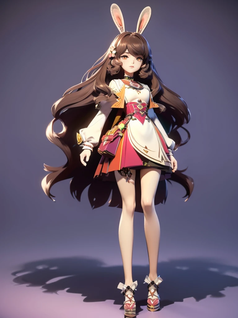 hair divided on half, Seizo Watase style, Simple Line Initialism，Abstract art, 3d character,  ,(((The most beautiful girl of all time))),  (full body 1.2), only girl, long hair, 17 year old, full body, (((8k))), (((3d)), dark brown hair, mane of white rabbit ears, 