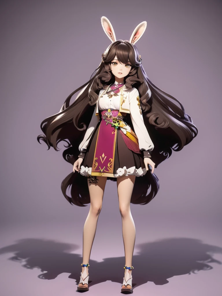 hair divided on half, Seizo Watase style, Simple Line Initialism，Abstract art, 3d character,  ,(((The most beautiful girl of all time))),  (full body 1.2), only girl, long hair, 17 year old, full body, (((8k))), (((3d)), dark brown hair, mane of white rabbit ears, 