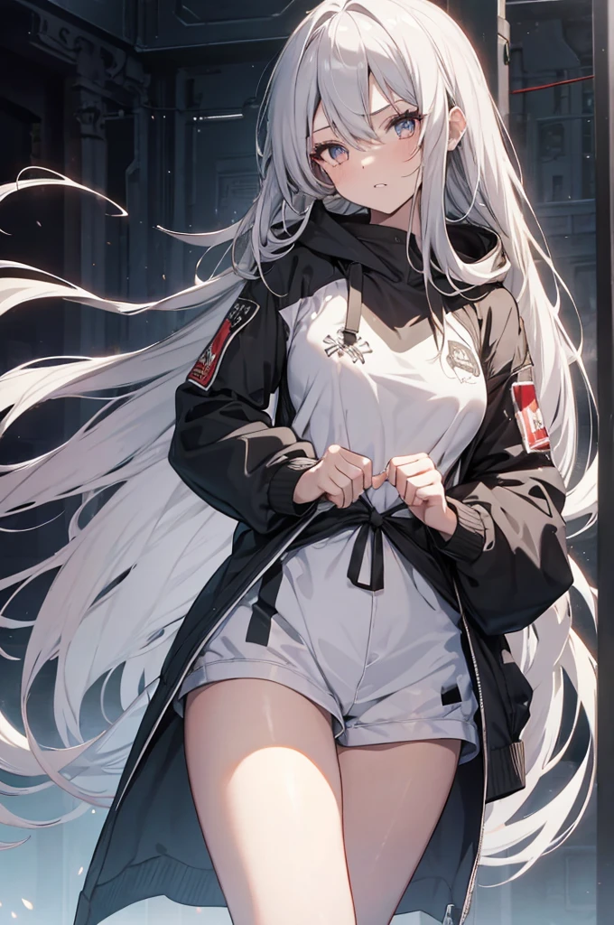 1girl, {Solitary}, Upper Body ,{{ {Watching at viewer}}}, Arms at your sides, Concept Art, white Background, simple Background, White hair, Silver gradient hair , Composite cloth, Asymmetrical clothes, Virtual YouTuber, best quality, masterpiece, Dynamic Angle, guilty gear, guilty gear, guilty gear, cowboy_shooting, Watching_Back, grab, girl,Miss,woman, young,20 years old, Very long hair, Hair Flip, Silver Hair, Flowing hair, Ahog, giggle, Beautiful and delicate golden eyes, teeth, Moderate_breast, Blonde eyes, White skin, hoodie, Black_shorts, Gray clothes, transparent_Background, Backlighting, absurd, high resolution, Extremely detailed,sweater,No pants