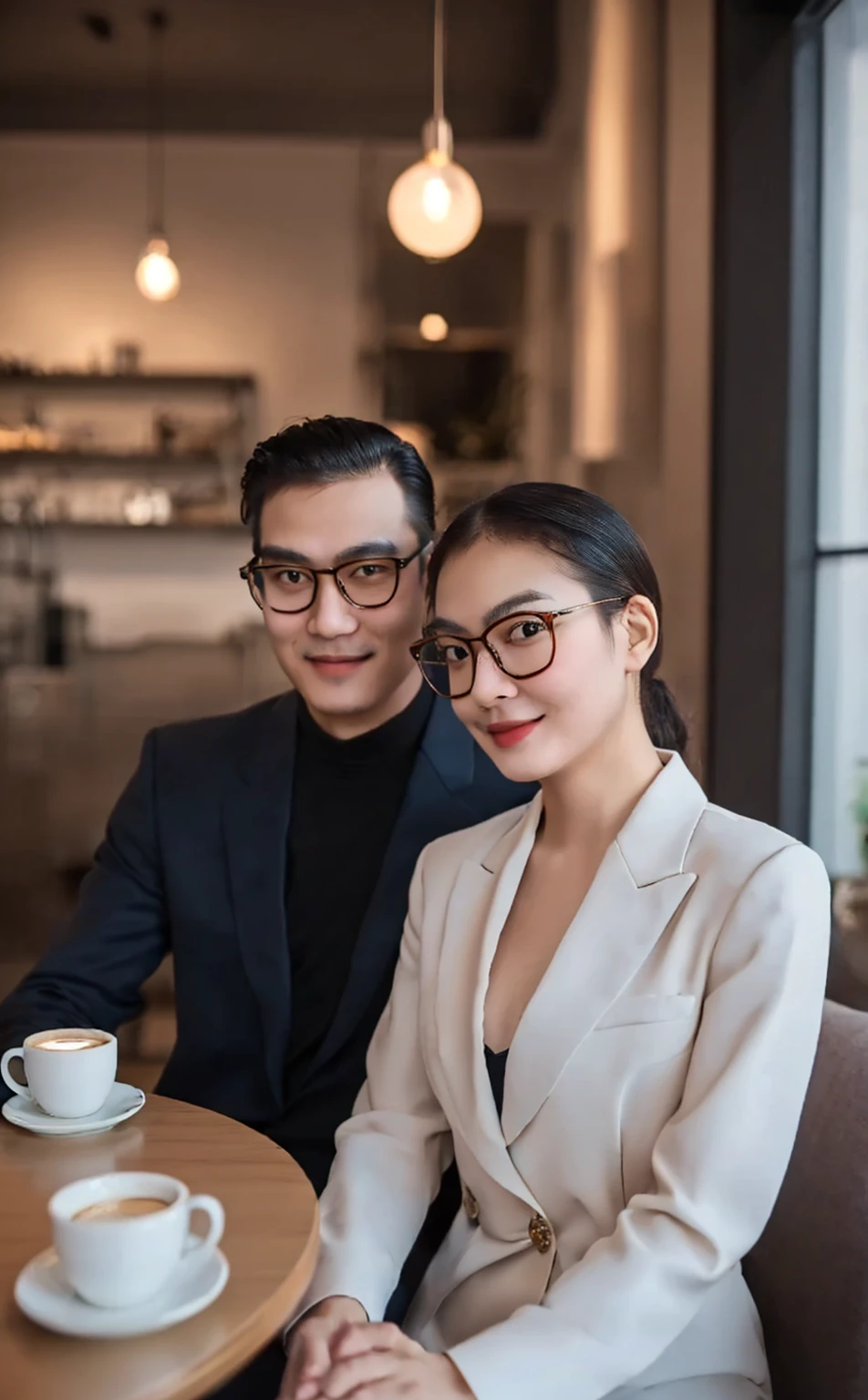 arafed couple sitting at a table with a cup of coffee, wearing a suit and glasses, wearing black frame glasses, with black eyeglasses, wearing thin large round glasses, with square glasses, ruan jia and fenghua zhong, with glasses, in style of lam manh, wearing black rimmed glasses, wearing square glasses