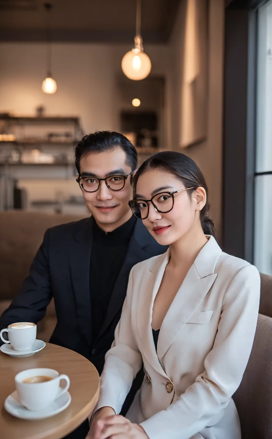 arafed couple sitting at a table with a cup of coffee, wearing a suit and glasses, wearing black frame glasses, with black eyeglasses, wearing thin large round glasses, with square glasses, ruan jia and fenghua zhong, with glasses, in style of lam manh, wearing black rimmed glasses, wearing square glasses