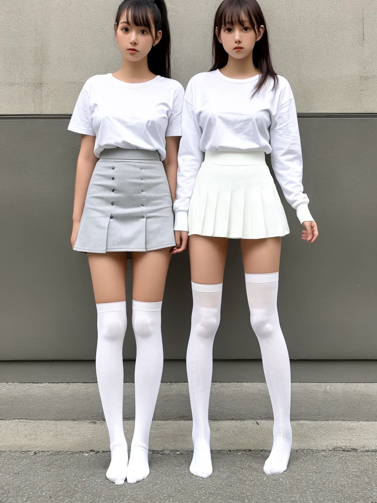 A woman wearing white knee-high socks、White T-shirt、White mini skirt、Japanese、Standing posture、The whole body is in it、Highest quality、Looking this way、20-year-old