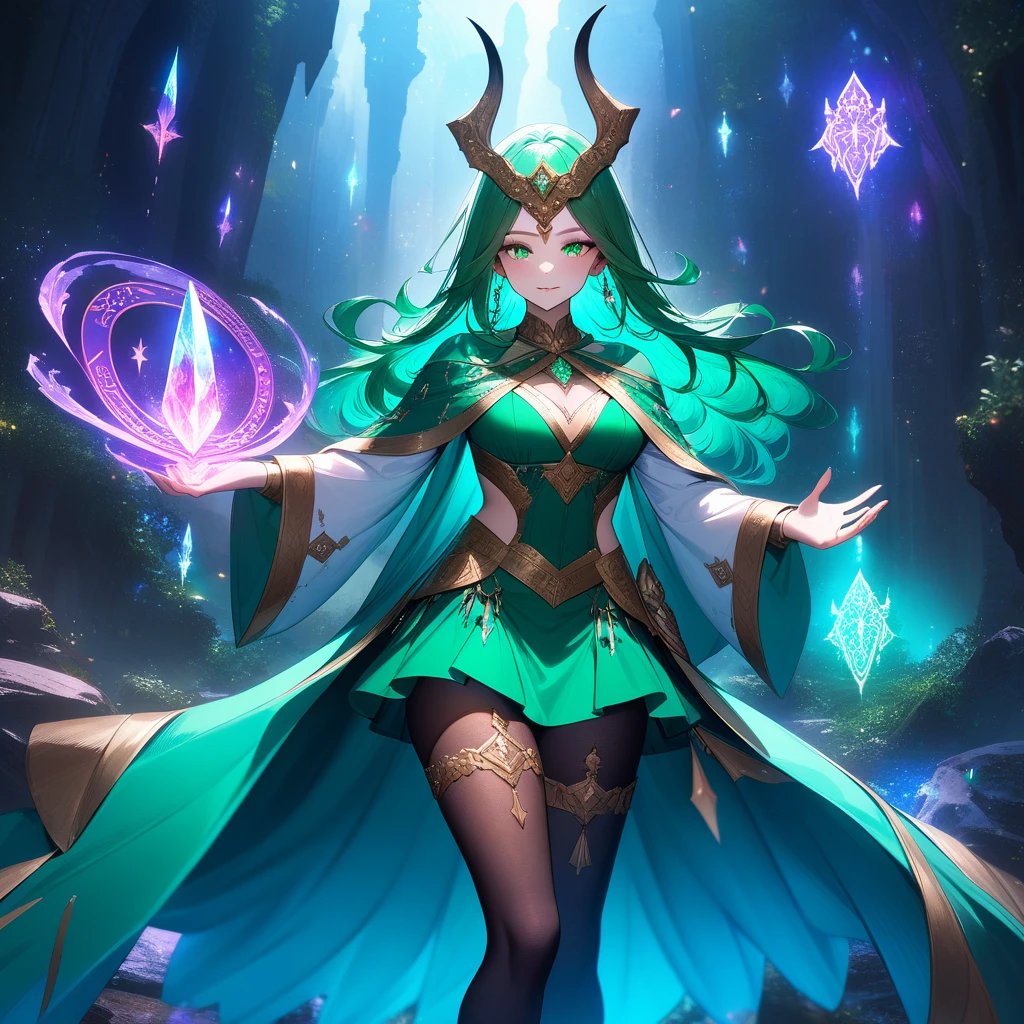 A fantasy sorceress in a emerald green mini skirt with tights adorned with magical glyphs and symbols in gold and silver. She stands in a crystal cave illuminated by glowing, multicolored crystals and magical sigils, with a swirling portal to another realm behind her. Tags: best quality, ultra-detailed, magical, mystical, vibrant, enchanting.