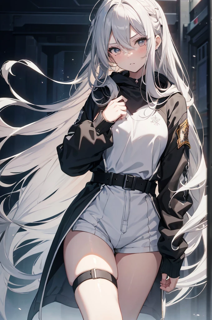 1girl, {Solitary}, Upper Body ,{{ {Watching at viewer}}}, Arms at your sides, Concept Art, white Background, simple Background, White hair, Silver gradient hair , Composite cloth, Asymmetrical clothes, Virtual YouTuber, best quality, masterpiece, Dynamic Angle, guilty gear, guilty gear, guilty gear, cowboy_shooting, Watching_Back, grab, girl,Miss,woman, young,20 years old, Very long hair, Hair Flip, Silver Hair, Flowing hair, Ahog, giggle, Beautiful and delicate golden eyes, teeth, Moderate_breast, Blonde eyes, White skin, hoodie, Black_shorts, Gray clothes, transparent_Background, Backlighting, absurd, high resolution, Extremely detailed,sweater,No pants