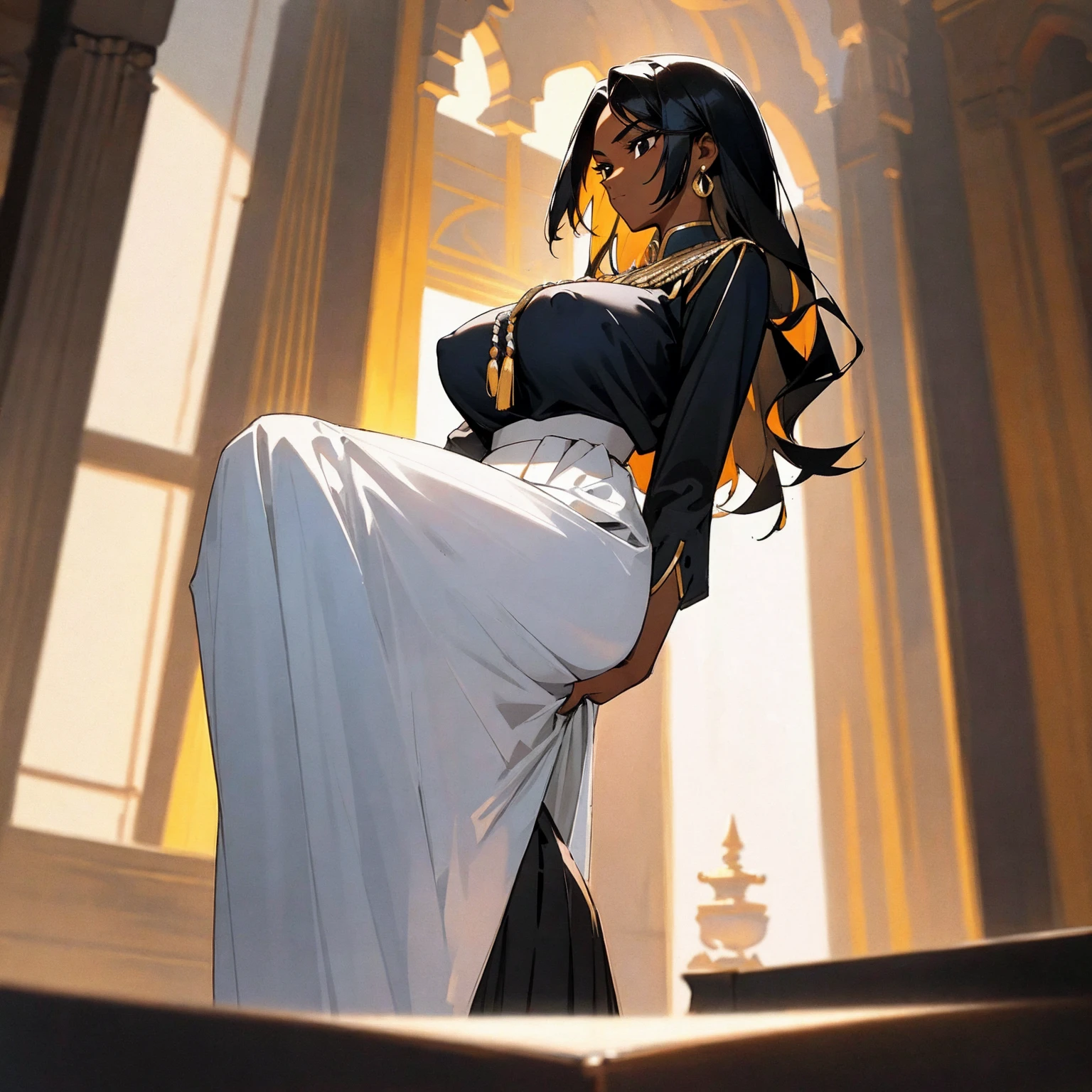 (Female): Solo, (Perfect Face), (Fine Dress), (), Mayor's Daughter, , Responsible, Graceful, Black Hair, Long Hair, Black Eyes, Large chest_circumference, (Classy Blouse), (Long Skirt), Mormorian Royal Female Guard
(Background): Front, indoors, Indian palace
(Effect) :(Masterpiece), (Best Quality), (Sharp Focus), (Depth of Field), (High Resolution), Tan, Dark Skin, Big Breasts, Big, Big, Huge Breasts,covered nipples