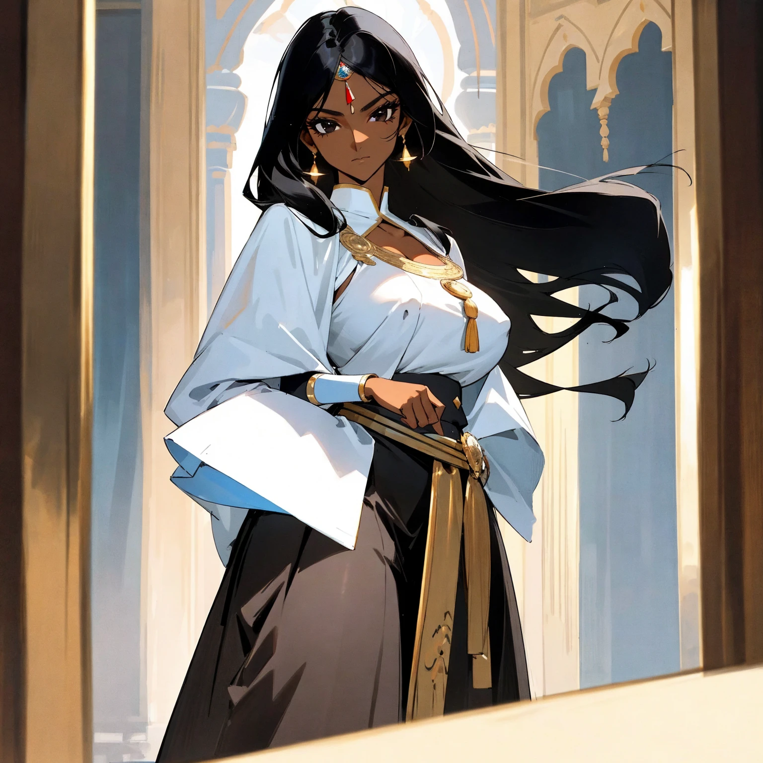 (Female): Solo, (Perfect Face), (Fine Dress), (12 years old), Mayor's Daughter, , Responsible, Graceful, Black Hair, Long Hair, Black Eyes, Large chest_circumference, (Classy Blouse), (Long Skirt), Mormorian Royal Female Guard
(Background): Front, indoors, Indian palace
(Effect) :(Masterpiece), (Best Quality), (Sharp Focus), (Depth of Field), (High Resolution), Tan, Dark Skin, Big Breasts, Big, Big, Huge Breasts,covered nipples