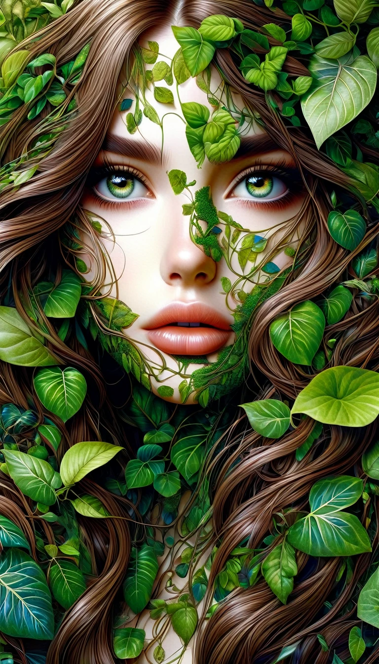 1girl, long brown hair, covered in plants, fused with plants, beautiful detailed eyes, beautiful detailed lips, extremely detailed face, detailed plant vines, nature, natural, photorealistic, hyper detailed, 8k, ultra-detailed, masterpiece, highly realistic, intricate details, lush foliage, vibrant colors, dramatic lighting, cinematic, fantasy, digital art
