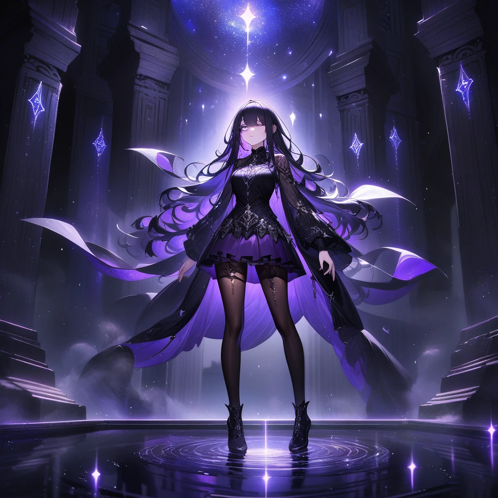 A gothic oracle in a dark purple mini skirt with tights displaying mystical eye patterns and swirling mists in silver. She stands in a shadowy, ancient temple with glowing runes on the walls, surrounded by a pool of shimmering, dark water reflecting the starry night sky. Tags: best quality, ultra-detailed, gothic, mystical, otherworldly, ethereal.