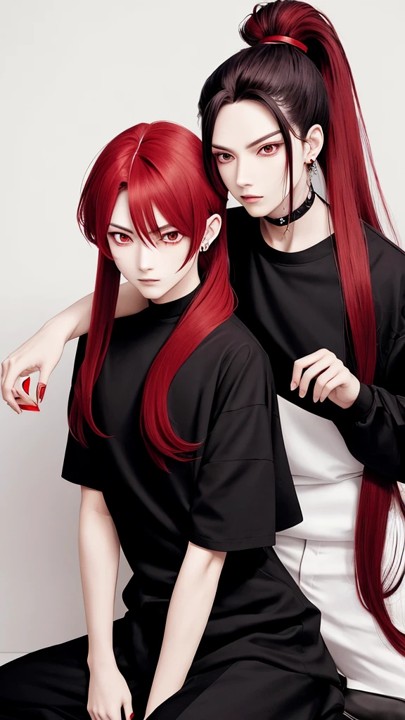 Anime androgynous person, adult, red long hair, in ponytail, looks serious evil, meteor falling, wearing black shirt with red outer, one person, tattoos