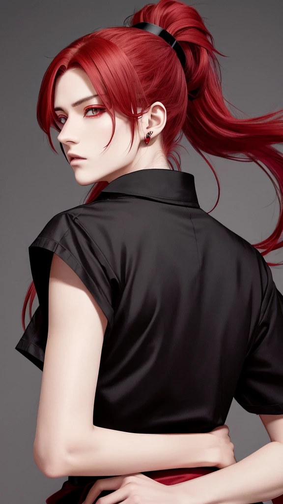 Anime androgynous person, adult, red long hair, in ponytail, looks serious evil, meteor falling, wearing black shirt with red outer, one person, tattoos 