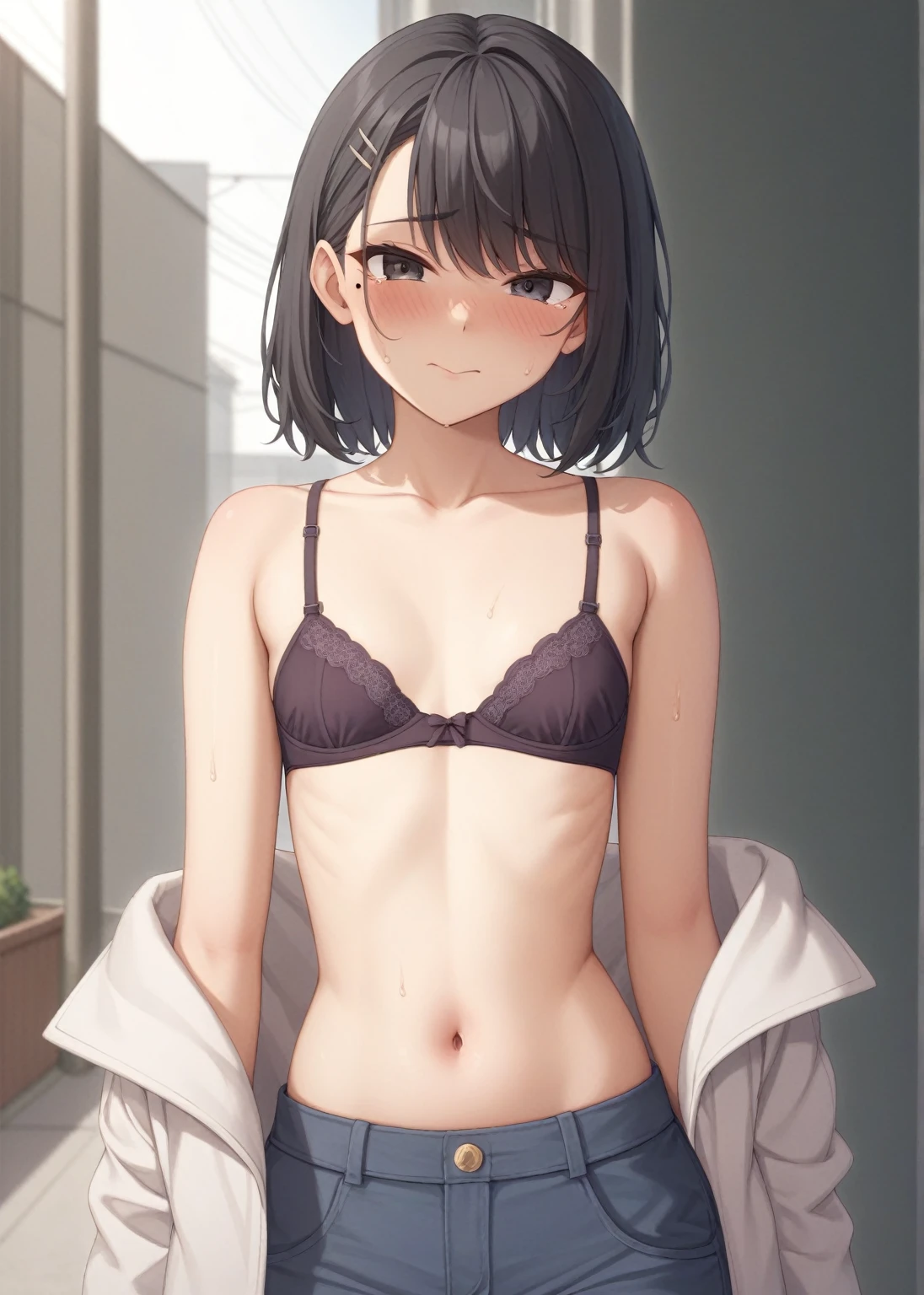 One person、masterpiece、Highest quality、Super detailed、High resolution illustrations、Improve skin quality、Increase eye appeal、Drawn in detail、Perfect body structure、Old woman、Are thin、Tall、Take off your clothes、Show off a plain-looking bra、Remove the bra、Flat chest、Small breasts、Skin blemishes、Skin wrinkles、Aged skin、Wrinkled skin、Fat on the stomach、Outdoor park、blush、Embarrassing、Bad mood、Sweat it out、Sigh、Heat、Black eyes filled with tears、Downcast eyes、mole、Long black hair、Straight Hair、