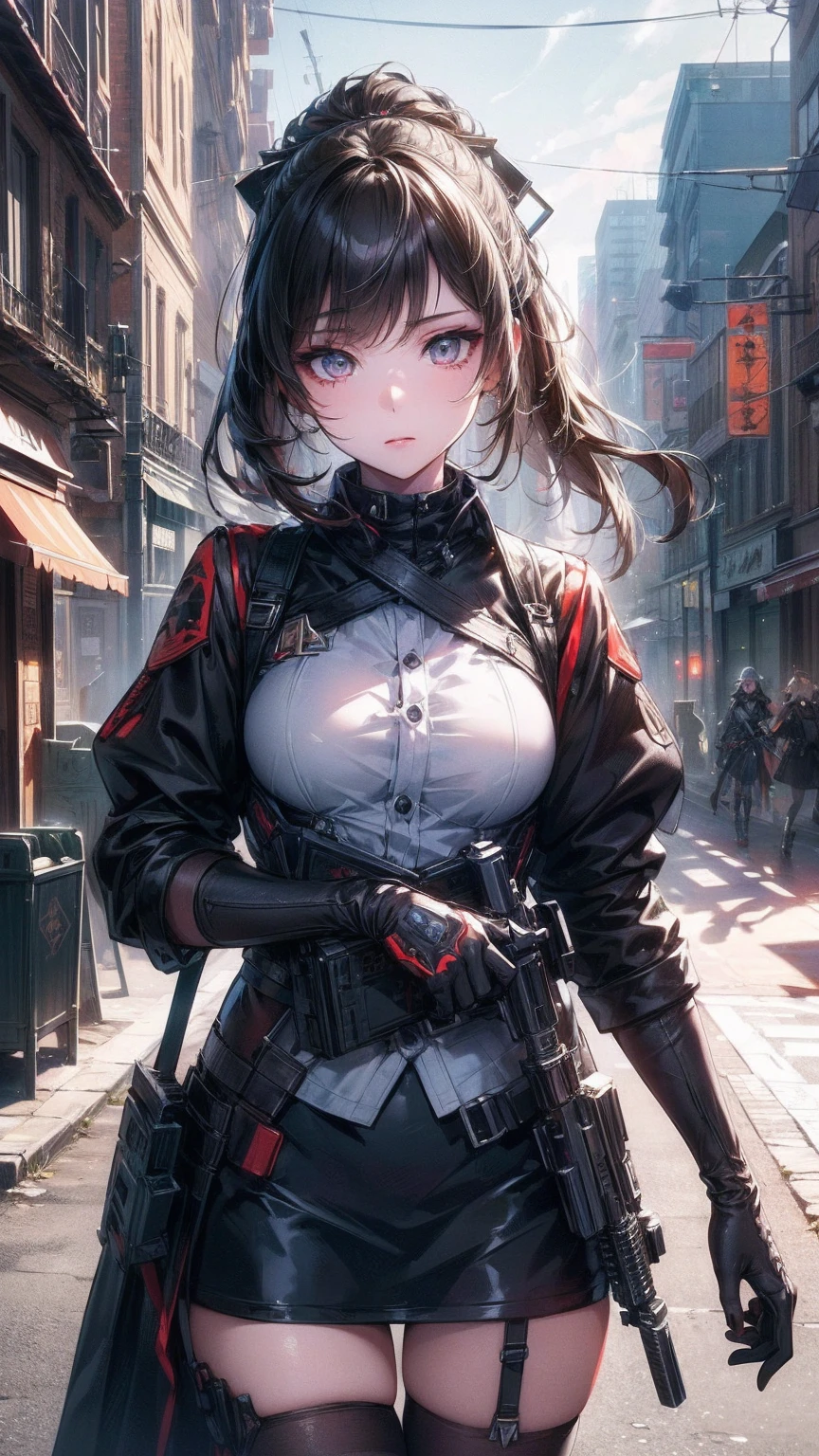 (Extremely detailed CG unity 8k wallpaper),(masterpiece), (best quality), (Extremely detailed), (Best Illustration Award),(The best shadow), Cowboy shooting, (Sharp eyeliner, Eyeshadow, Delicate eyes:1.1), (City background:1.2), ,rest , Module 3 (Girls Frontline), ,