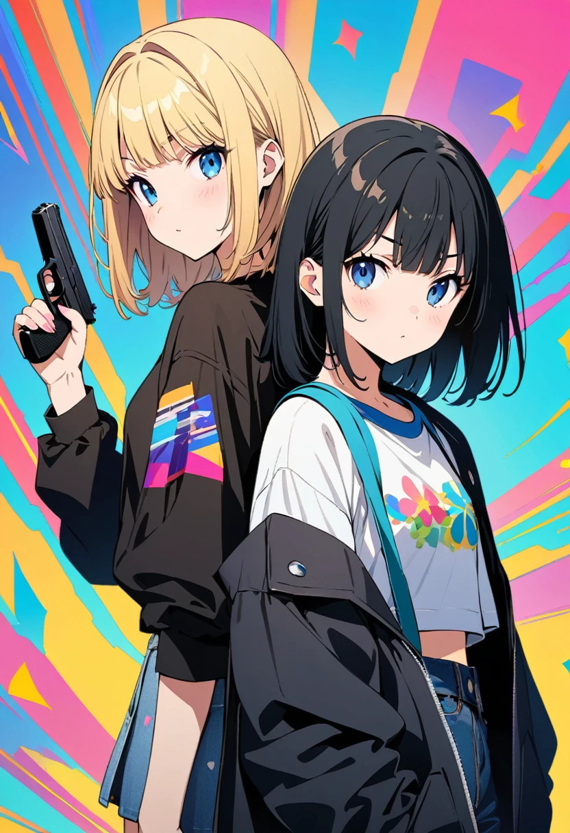 (japanese anime illustration),(best quality, masterpiece, ultra highres, ultra-detailed:1.2) ,(two girls,stand back to back),buddy,teen,cute,hitgirl,1Girl with long-black hair and 1girl with short-blonde hair,has handgun,colorful background,latest fashion,