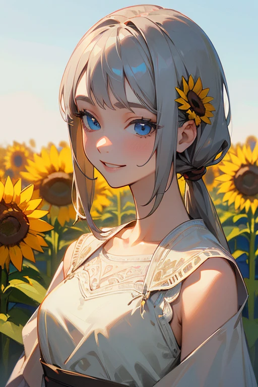 (masterpiece: 1.2, Highest quality), (Actual Photos, Intricate details), 1. woman, alone, Upper Body, casual, Shoulder-length hair, Minimal makeup, Natural materials, Face close-up, smile, Home, Gray Hair, blue eyes, Shoulder Bare、Smiling with teeth showing、Flower Field、sunflower、