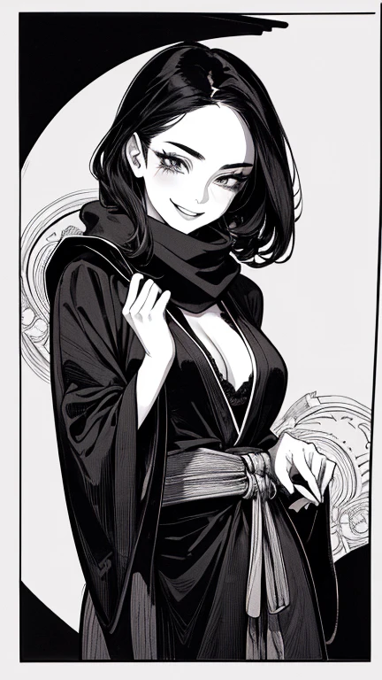 Highest quality, (Background details), High Contrast, Very beautiful woman, Detailed original illustrations, functional, Delicate face, Ninja, Ninja costume, scarf, mask, whole body、Charm, Bad boy, sexy, Real breasts, Crazy Smile, Crazy Eyes, Black Robe, Black background, (Black background: 1. 5), Beautiful line art, Monochrome