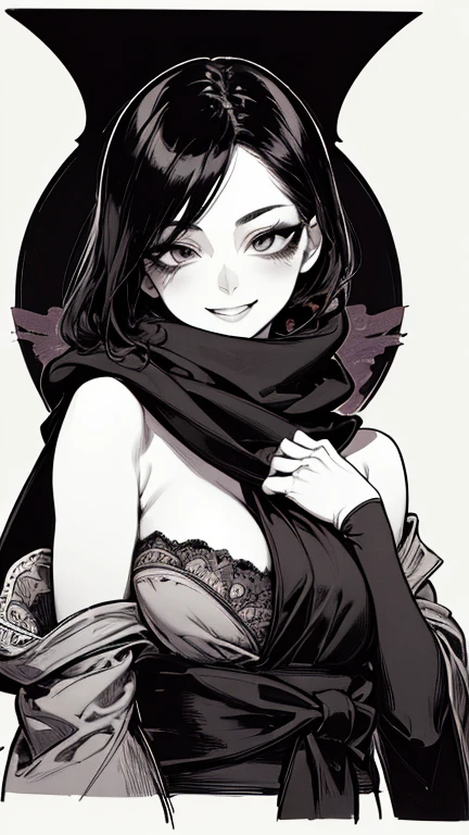 Highest quality, (Background details), High Contrast, Very beautiful woman, Detailed original illustrations, functional, Delicate face, Ninja, Ninja costume, scarf, mask, whole body、Charm, Bad boy, sexy, Real breasts, Crazy Smile, Crazy Eyes, Black Robe, Black background, (Black background: 1. 5), Beautiful line art, Monochrome
