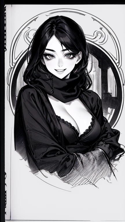 Highest quality, (Background details), High Contrast, Very beautiful woman, Detailed original illustrations, functional, Delicate face, Ninja, Ninja costume, scarf, mask, whole body、Charm, Bad boy, sexy, Real breasts, Crazy Smile, Crazy Eyes, Black Robe, Black background, (Black background: 1. 5), Beautiful line art, Monochrome