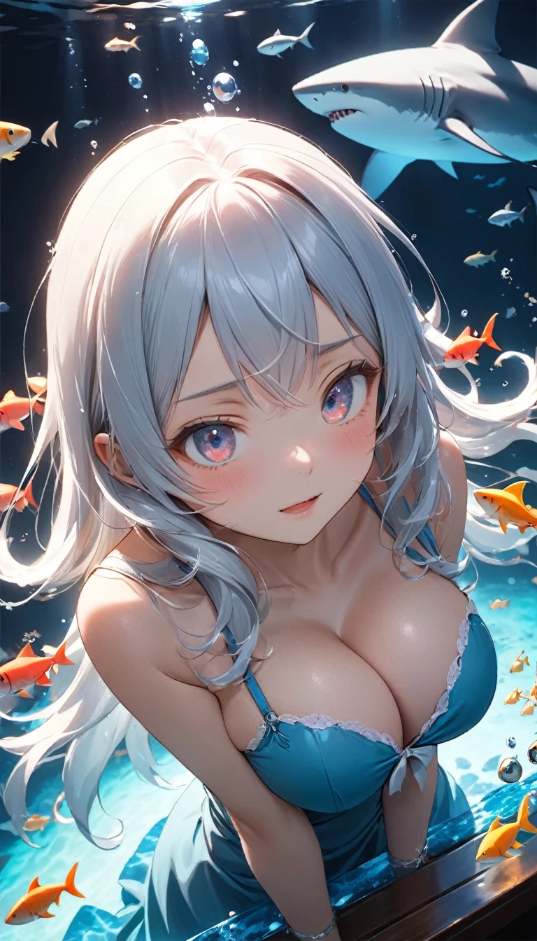 Highest quality, Super quality, 16K, Incredibly absurd, Very detailed, 2.5D, delicate and dynamic, aquarium, Large sink, Colorful Coral, Small faint light and small fish, shark, In the water, under the sea, , , , Small face, Extremely delicate facial expression, Delicate eye depiction, Upper body close-up, erotic, sole sexy lady, healthy shaped body, 22 years old lady, , 170cm tall, huge firm bouncing busts, 全身sharkのコスチューム, sharkの着ぐるみ, sharkの背びれ, sharkの頭の形の帽子, , , sharkと一緒に泳ぐ